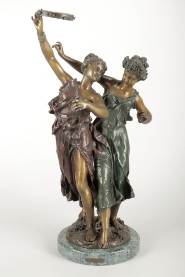 Marble Base Bronze Statue "Tambourine Girls"