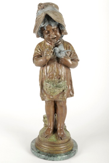 Marble Base Bronze Statue "Girl Holding Bird"