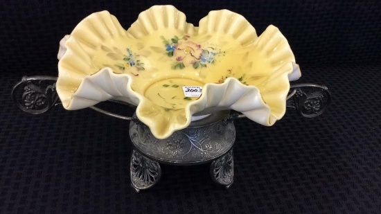 Yellow Victorian Bride's Basket w/ Floral Paint