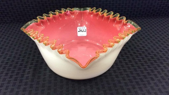 Cranberry & White Case Glass Ruffled Edge Bowl
