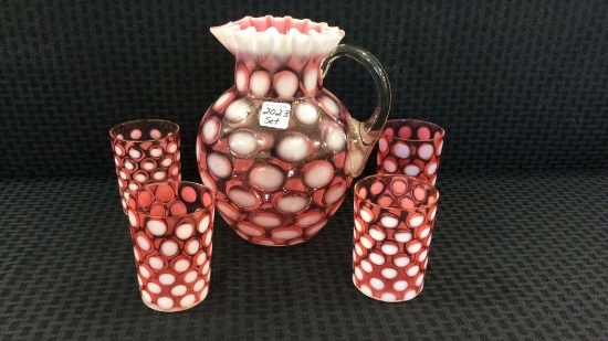 Cranberry & White Opalescent Ruffled Edge Pitcher