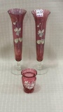 Group of 3 Cranberry Floral Enamel Painted
