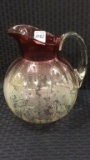 Cranberry to Clear Etched Glass Pitcher