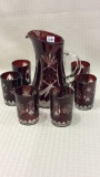 Ruby Cut to Clear Bohemian Glass Pitcher & 6