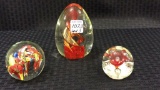 Lot of 3 Red Floral Design Glass Paperweights