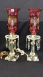 Pair of Electrified Lamps w/ Cranberry Etched