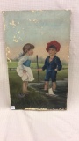 Old Primitive Painting w/ Girl & Boy