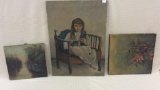 Group of 3 Old Primitive Paintings-Girl