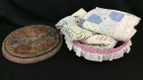 Old Sewing Basket & 3 Sm. Quilt Tops-