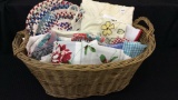 Lg. Wicker Basket Filled w/ Various Tablecloths,