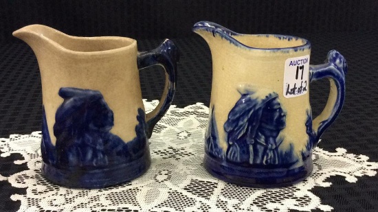 Lot of 2 Sleepy Eye Blue & White Pitchers