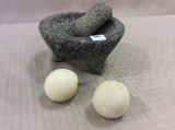 Stone Mortar & Pestle & 2 Round Stones