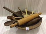 Wood Bowl w/ Various Kitchen Wood Utensils