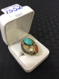 Navajo Sterling Silver Turquoise-Coral Bear