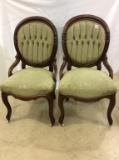 Lot of 2 Matching Walnut Green Upholstered Parlor