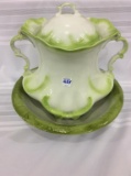 Green & White Ironstone Pot w/ Lid & Bowl