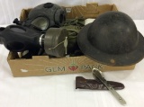 Box Including Military Helmet, Gas Masks