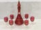 7 Piece Set of Dark Red Cranberry Etched Decanter