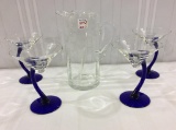 Glass Pitcher w/ 4 Blue Stemmed Martini Glasses