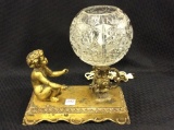 Brass Electrified Figural Lamp w/ Ornate Glass