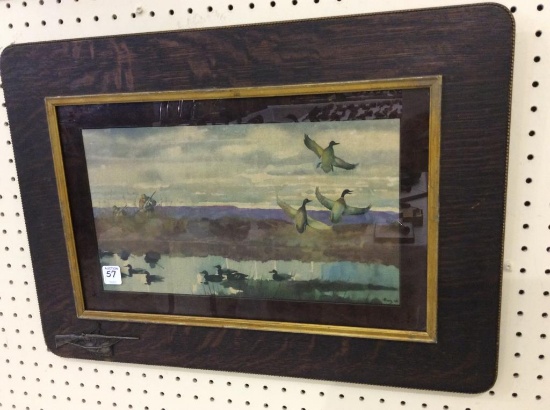 Walnut Framed Watercolor of Duck Hunting Scene