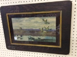 Walnut Framed Watercolor of Duck Hunting Scene