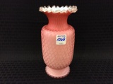 Pink & White Cased Glass Ruffled Edge Vase