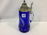 Cobalt Blue Bohemian Glass Stein w/ Etched