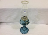 Blue Glass Pedestal Kerosene Lamp w/ Heart Design