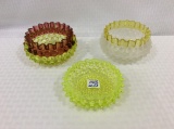 Lot of 3 Yellow Hobnail Glass Sm. Ruffled