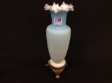 Blue Ruffled Edge Cased Glass Vase-Diamond Pattern