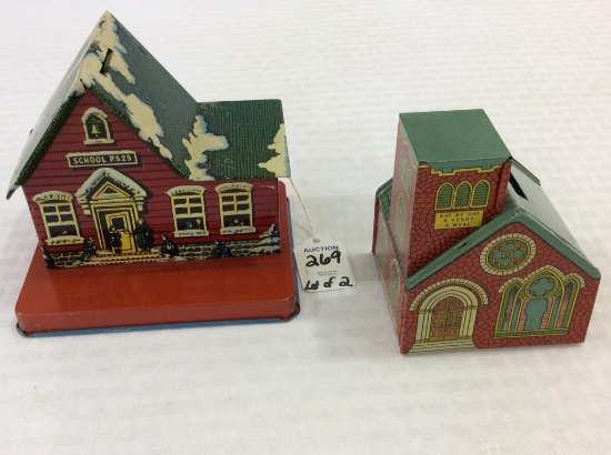 Lot of 2 Tin Building Banks Including
