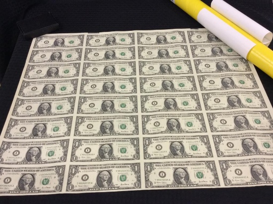Un-Cut Sheet of 32-One Dollar Currency Bills