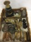 Box Lot w/ Clock Weights, Ornamental Metal Clock