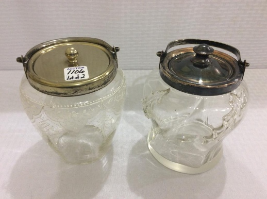 Lot of 2 Clear Glass Decorated Biscuit Jars