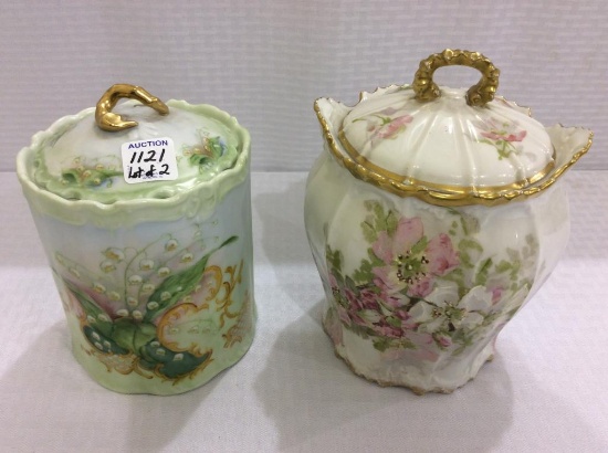 Lot of 2 Floral Painted China Biscuit Jars-