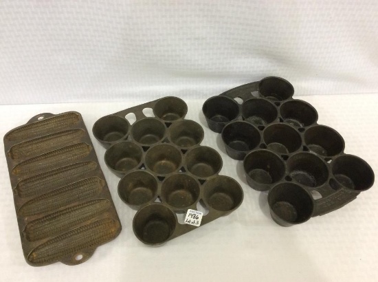 Lot of 3 Cast Iron Pieces Including 2 Muffin Pans