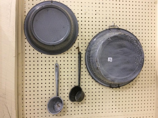 Lot of 4 Grey Granite Pieces Including 2 Lg. Pans