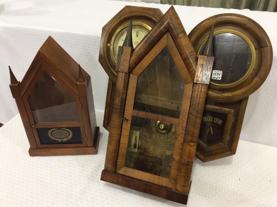 Lot of 4 Wood Clock Cases ONLY Including 2 Wall