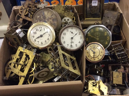 Very Lg. Box of Clock Works, Clock Parts &