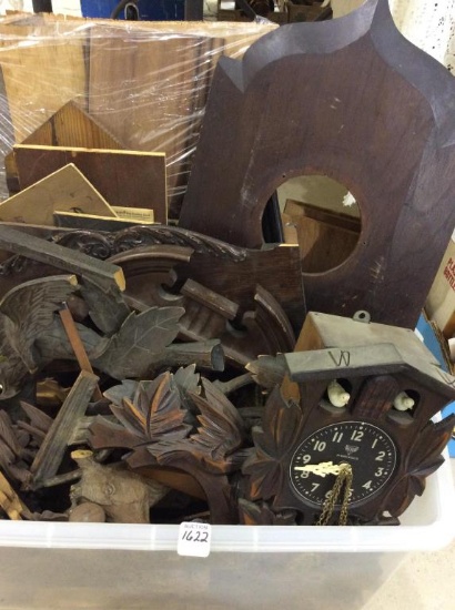 Lg. Bin of Various Wood Clock Pieces &