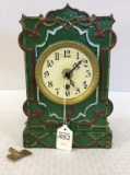 Green Painted Iron Keywind Clock w/ Key