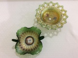 Lot of 2 Green Carnival Glass Pieces Including