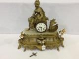 Ornate Brass & Marble Statue Clock w/ key