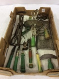 Box of Various Vintage Green Handled Kitchen