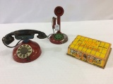 Lot of 3 Including 2 Toy Telephones & Ideal Tin