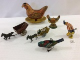 Lot of 6 Various Tin Toys Including Chickens,