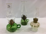 Lot of 3 Sm. Glass Kerosene Lamps w/ Chimneys
