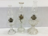 Lot of 3 Glass Kerosene Lamps w/ Chimneys