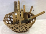 Basket Filled w/ 5 Vintage Wood Utensils